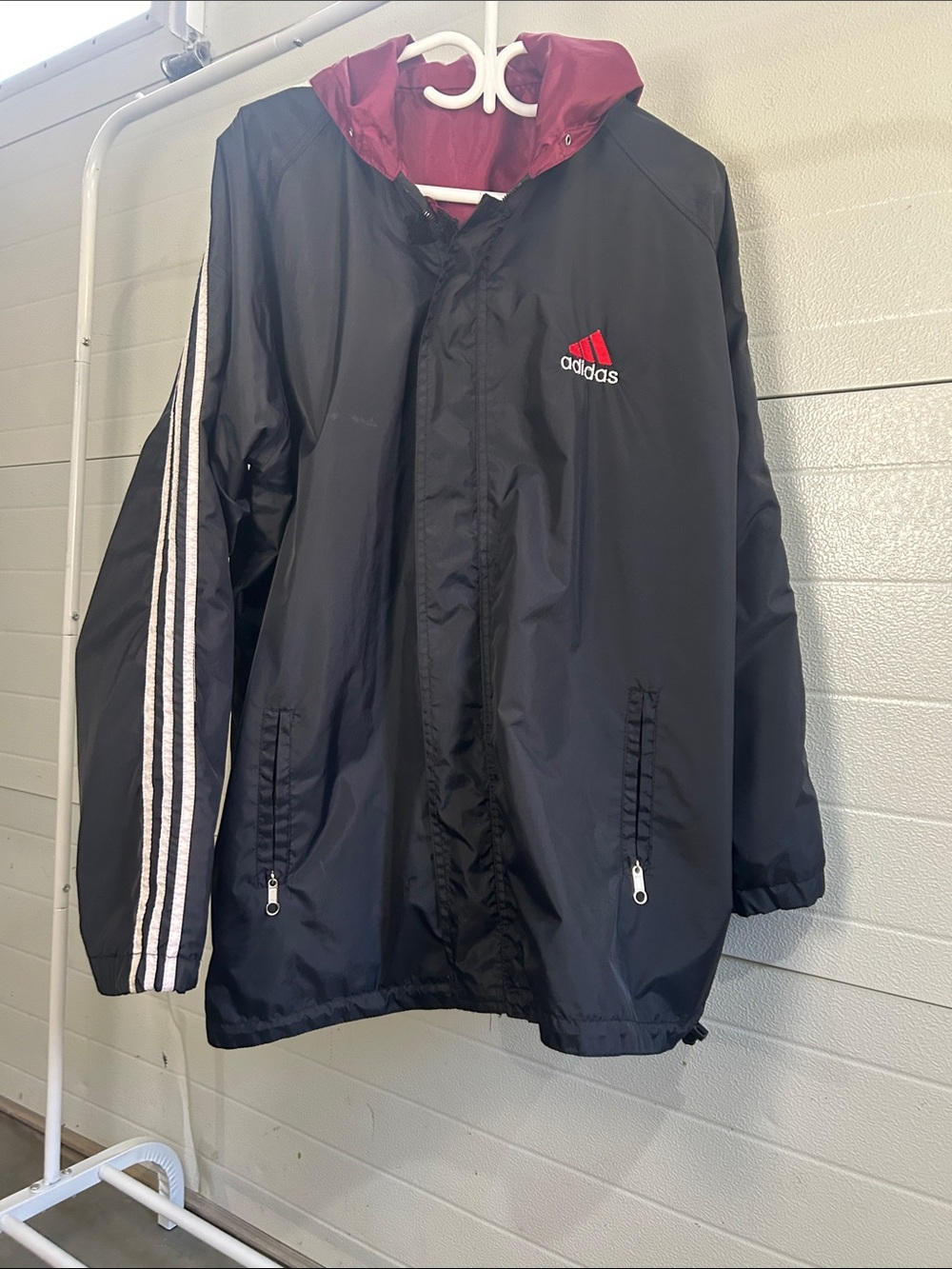 adidas Black Windbreaker Jacket with Burgundy Hood and White Stripes